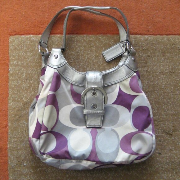 Authentic COACH Soho Satin Scarf Print Bag, Purple Silver, ##F17406 - Picture 1 of 13